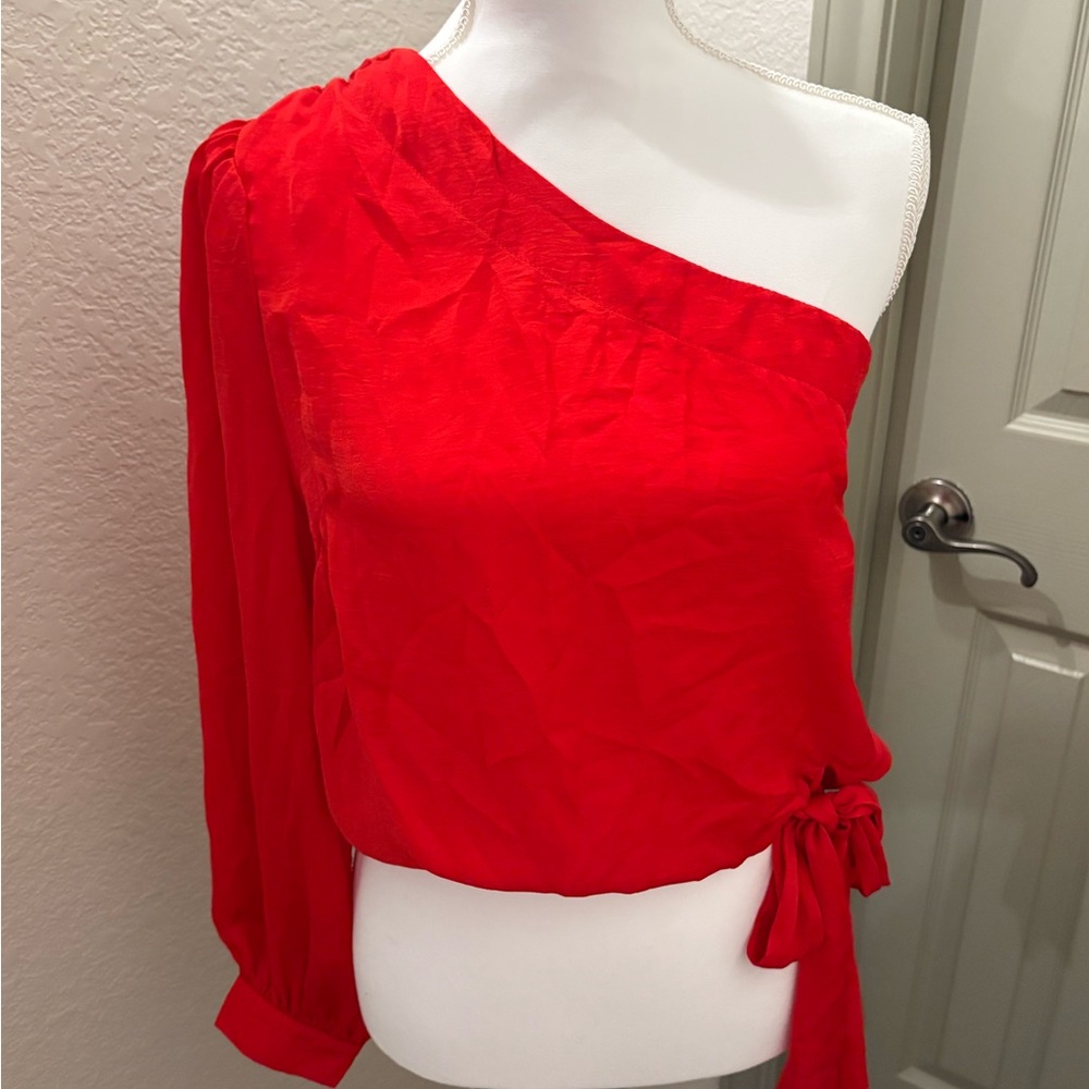 Glam Red One-Shoulder Blouse with Side Tie
